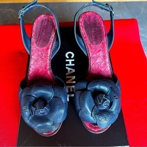 CHANEL Camellia Leather & Cork Wedge Slingback Sandals Size 36.5